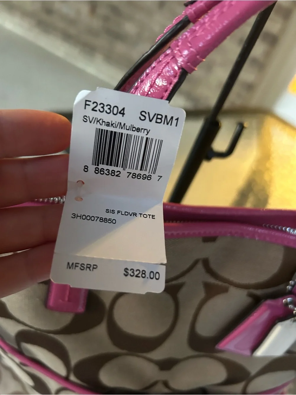 Coach F23304 Signature Stripe Foldover Tote Khaki Mulberry MSRP $328